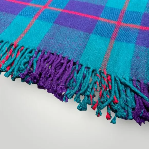 Vintage Picnic Throw Blanket Fringe Acrylic 52”x54” Plaid Super Soft Teal Pink